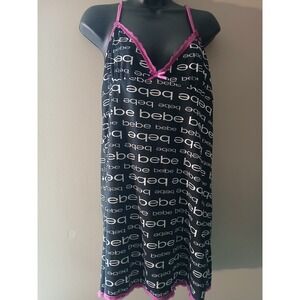 Bebe Logo Print Chemise Nightgown Black Pink Lace Trim Racerback Lingerie Dress